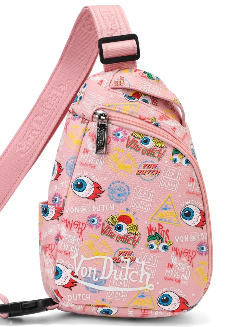 Von Dutch Jax Pink Sling Crossbody Bag All Over Logo Print